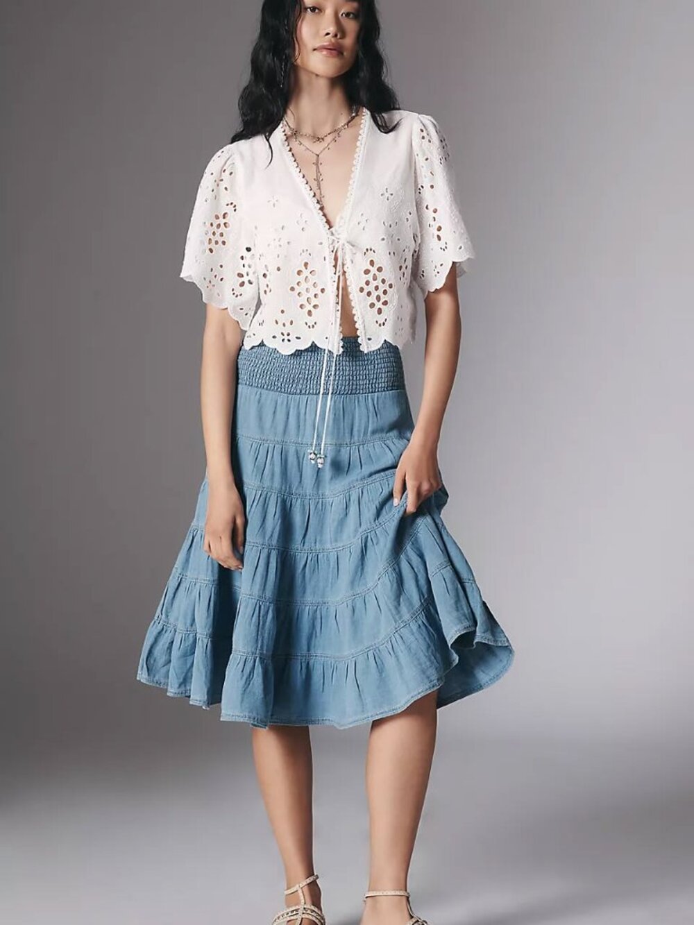 100% COTTON!!!Anthropologie Smocked Denim Midi Skirt - Picture 2 of 5